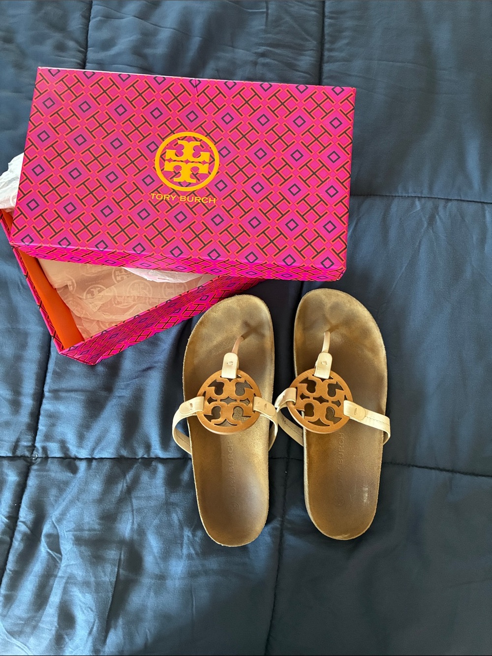 Tory Burch Cream Strap Sandals with Gold Logo Medallions